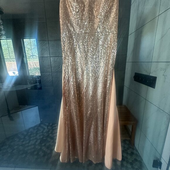 Chiclody Formal Evening Sequin Dress Champagne Slip Satin Train Gown - Picture 4 of 9